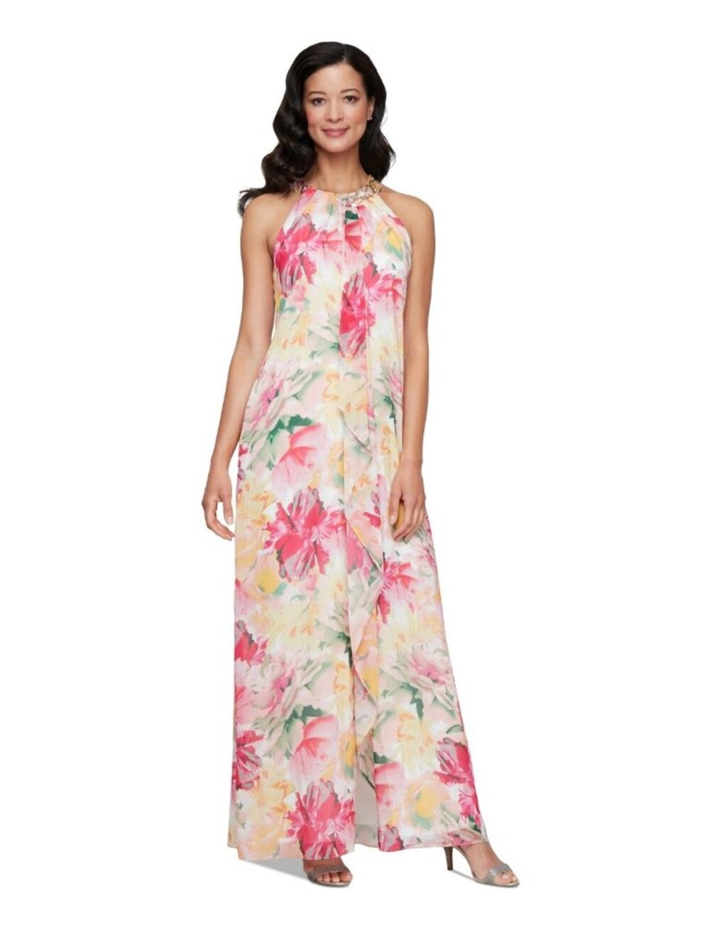 Sl Fashions Womens Floral-Print Beaded Halter Gown Pink Multi Size 14 NWT